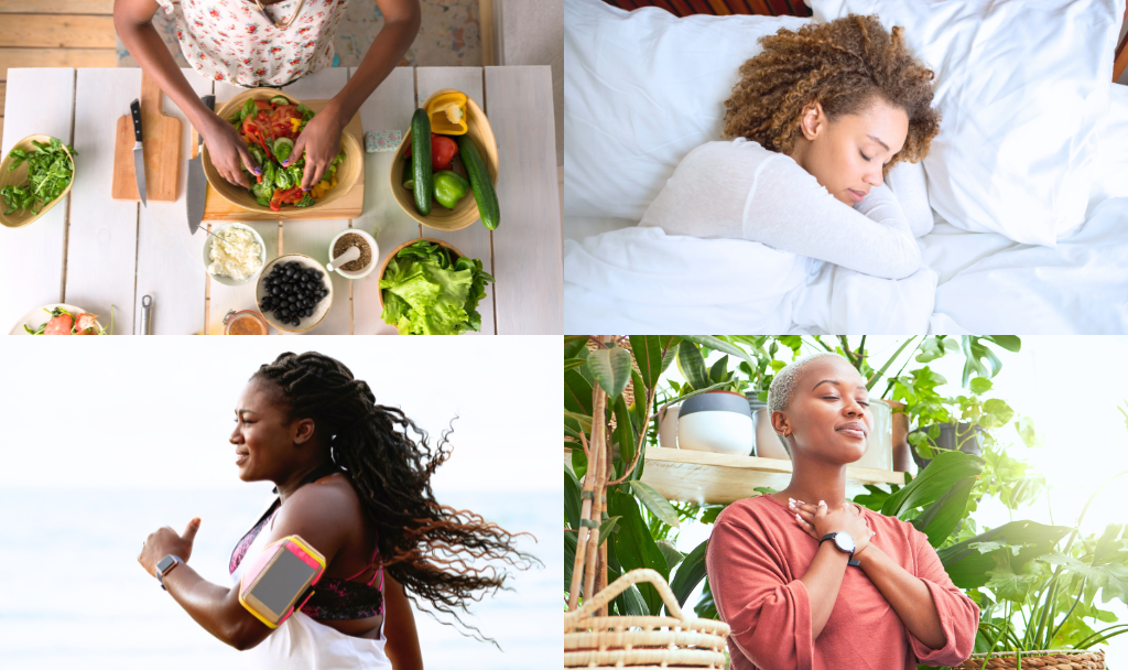 Mental Health’s Low-Hanging Fruit: Eat, Sleep, Move, Be Still. Image of a person preparing food (top left), a woman sleeping in bed (top right), a woman running (bottom left), and a woman meditating with her arms crossing her chest (bottom right).